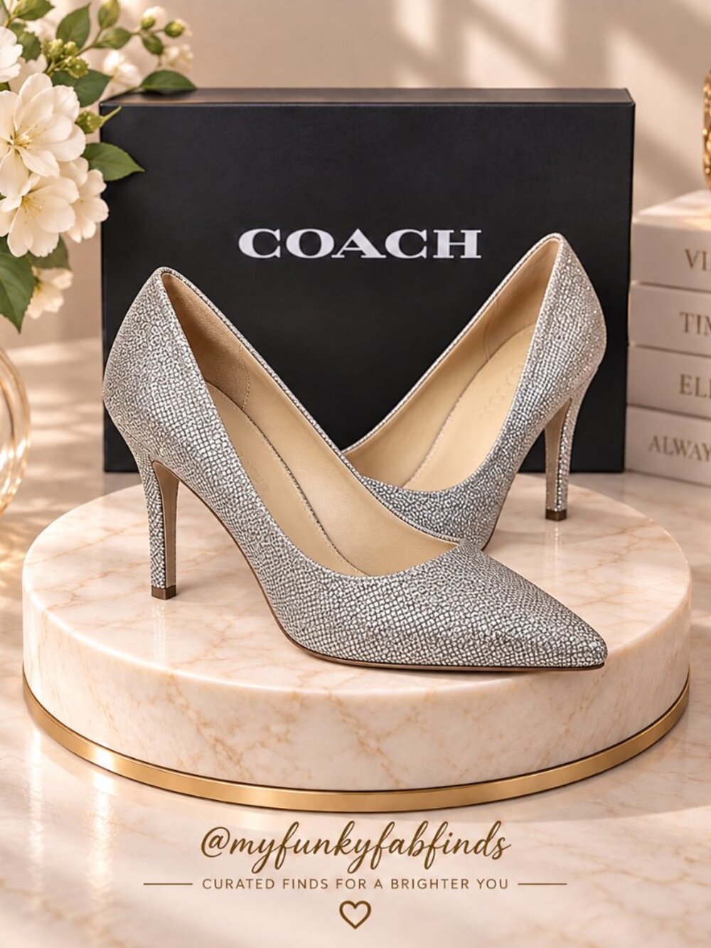 Coach Addie pump heels in silver metallic fabric